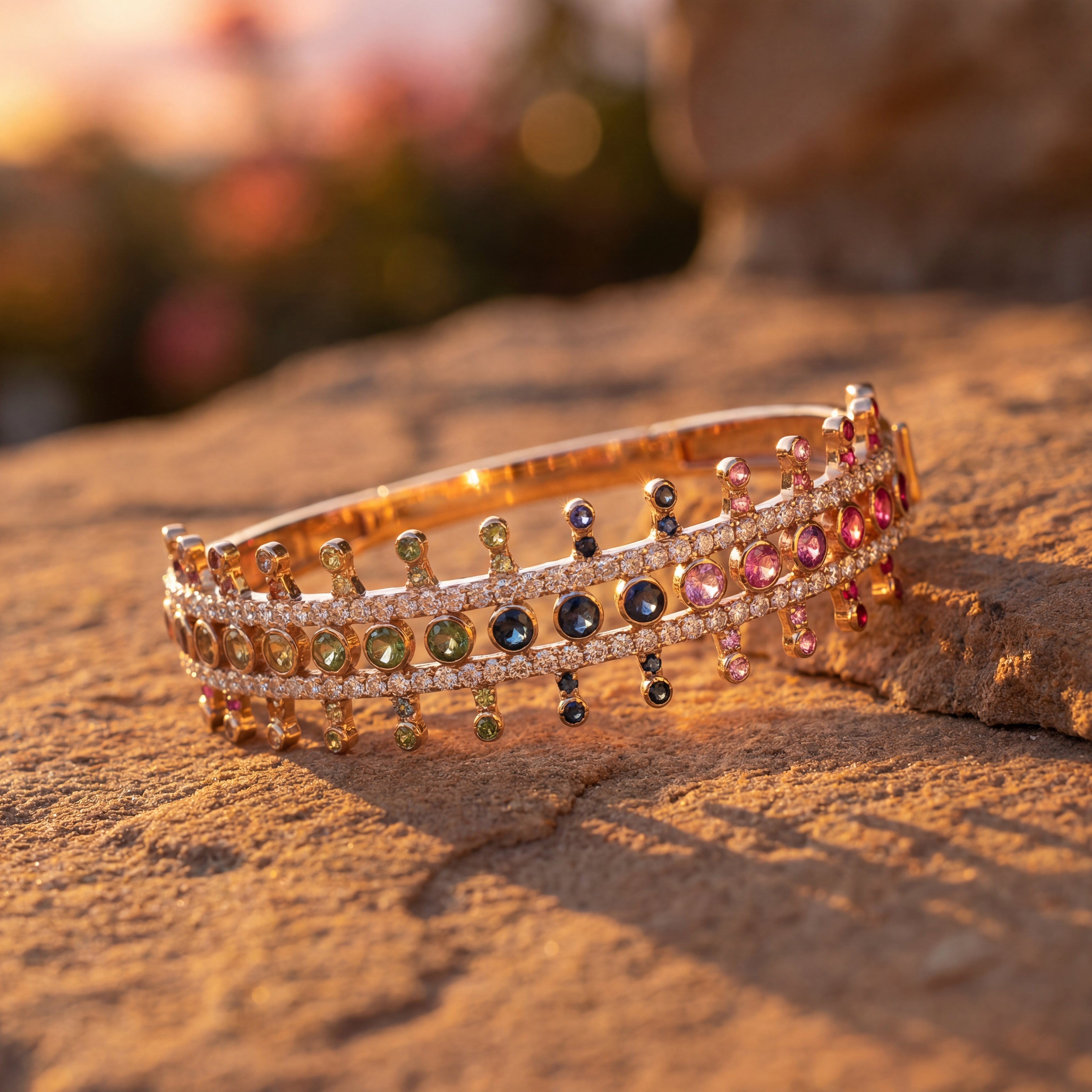 18K Rose Gold Multi-Sapphire and Diamond Crown Bangle