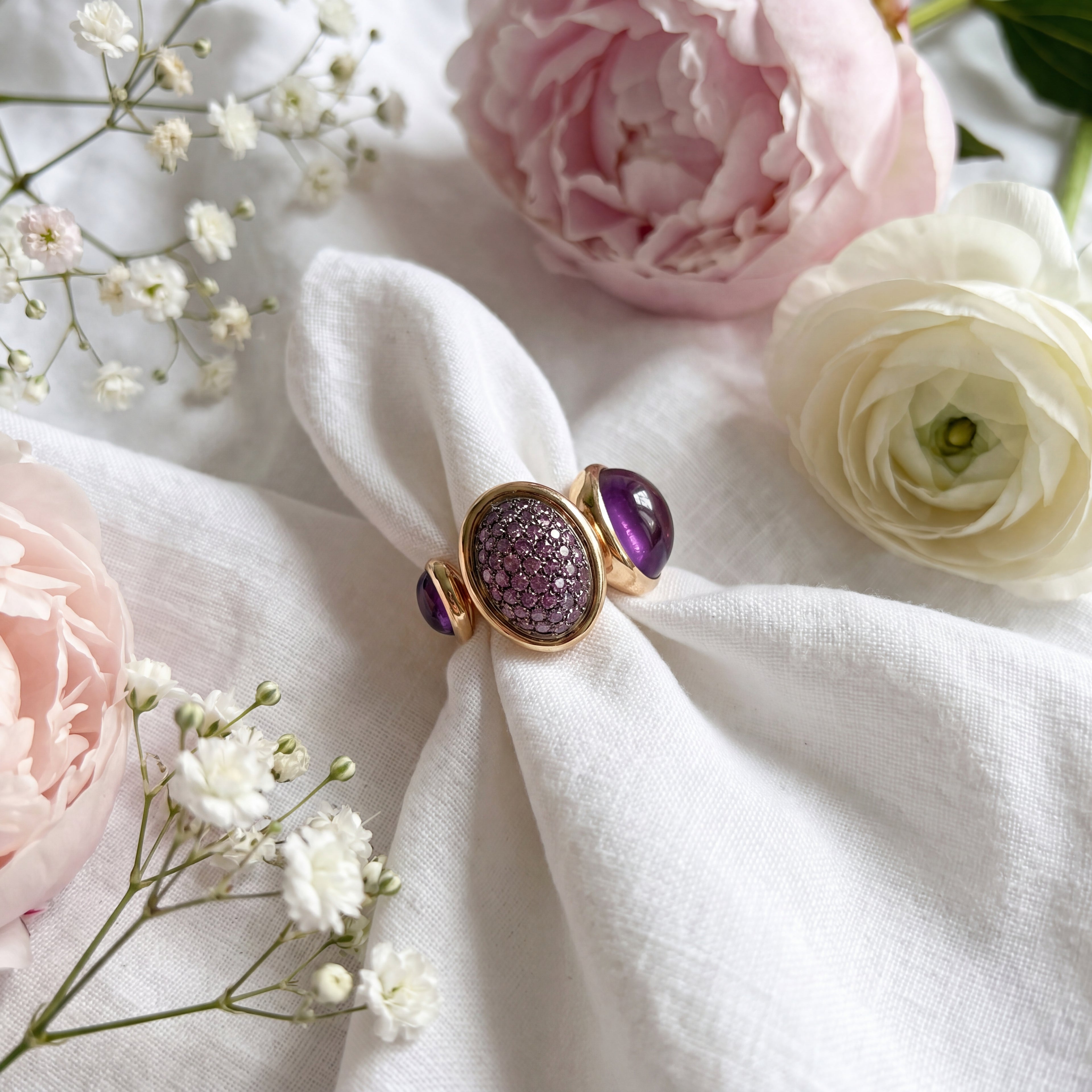 Amethyst Cabochon and Pink Sapphire Cocktail Ring