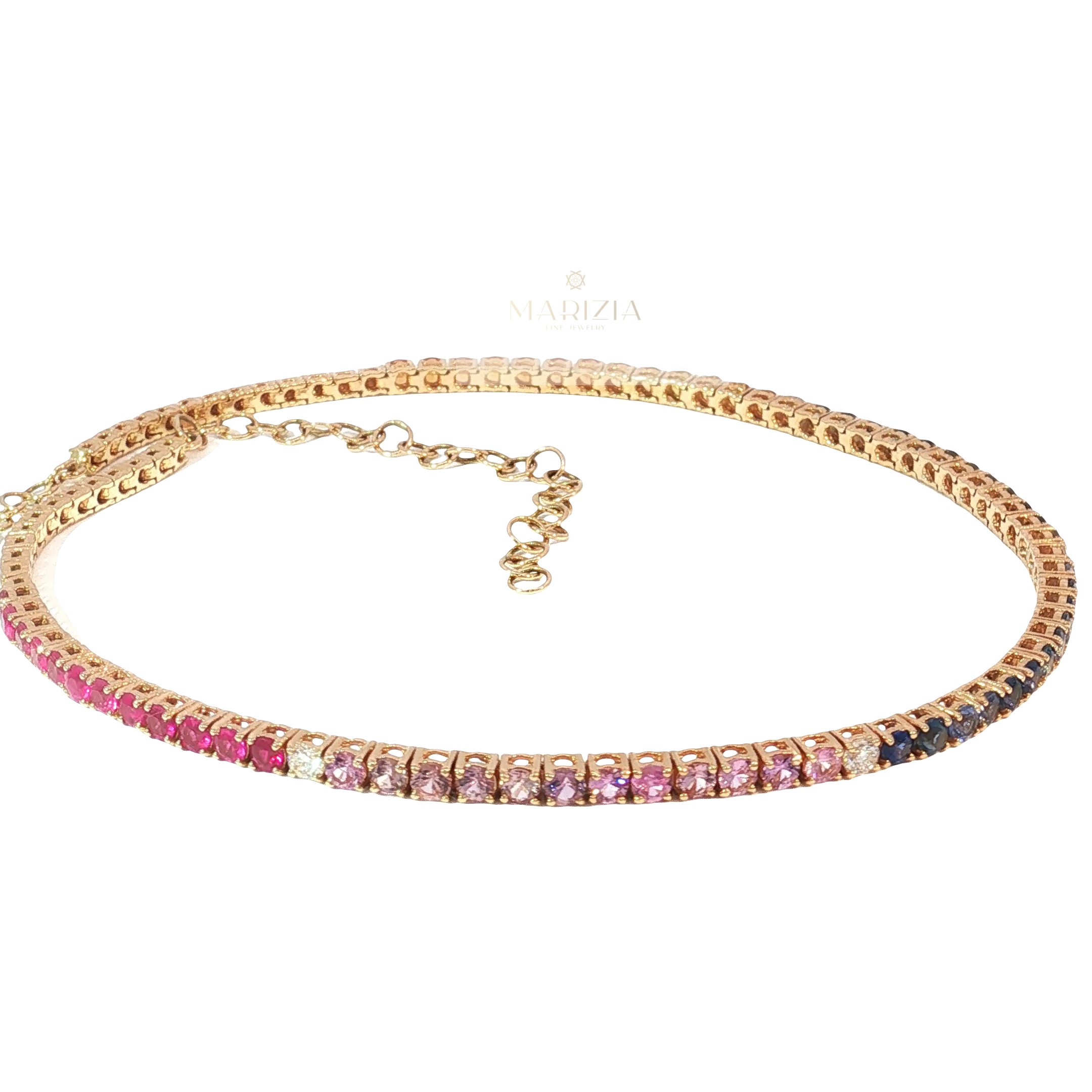 Multi color Sapphire Ombre Tennis Choker Necklace in 18k Rose Gold