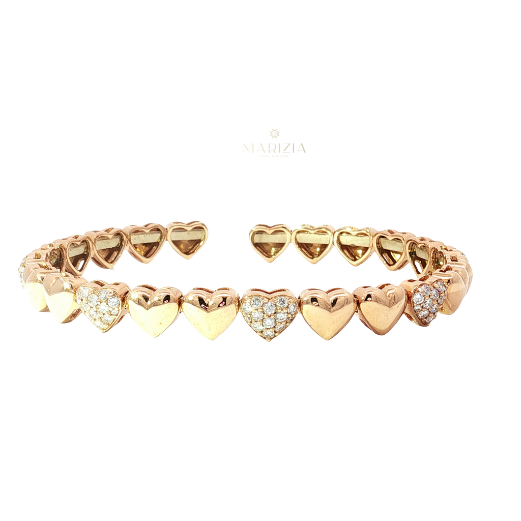 Diamond and 18K Rose Gold Heart Motif Open Bangle