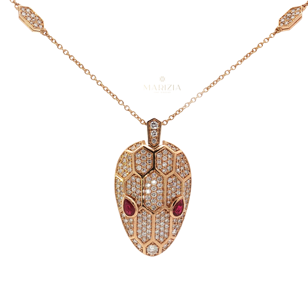 18K Rose Gold Snake Head Charm Necklace with Ruby Eyes