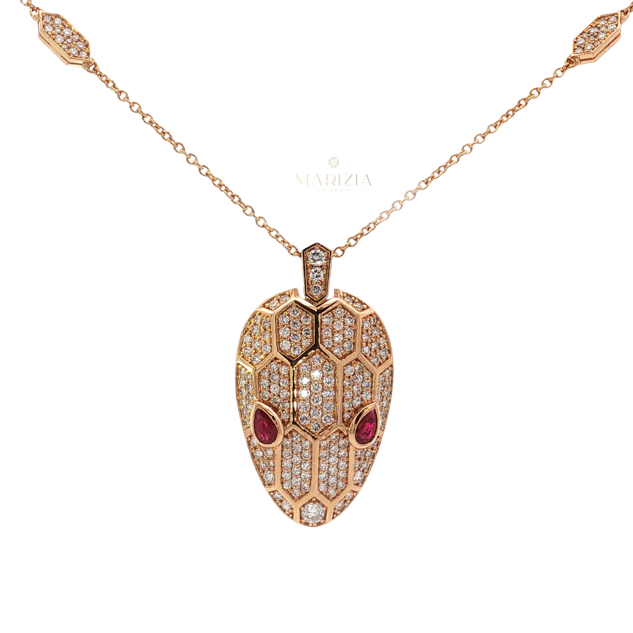 18K Rose Gold Snake Head Charm Necklace with Ruby Eyes