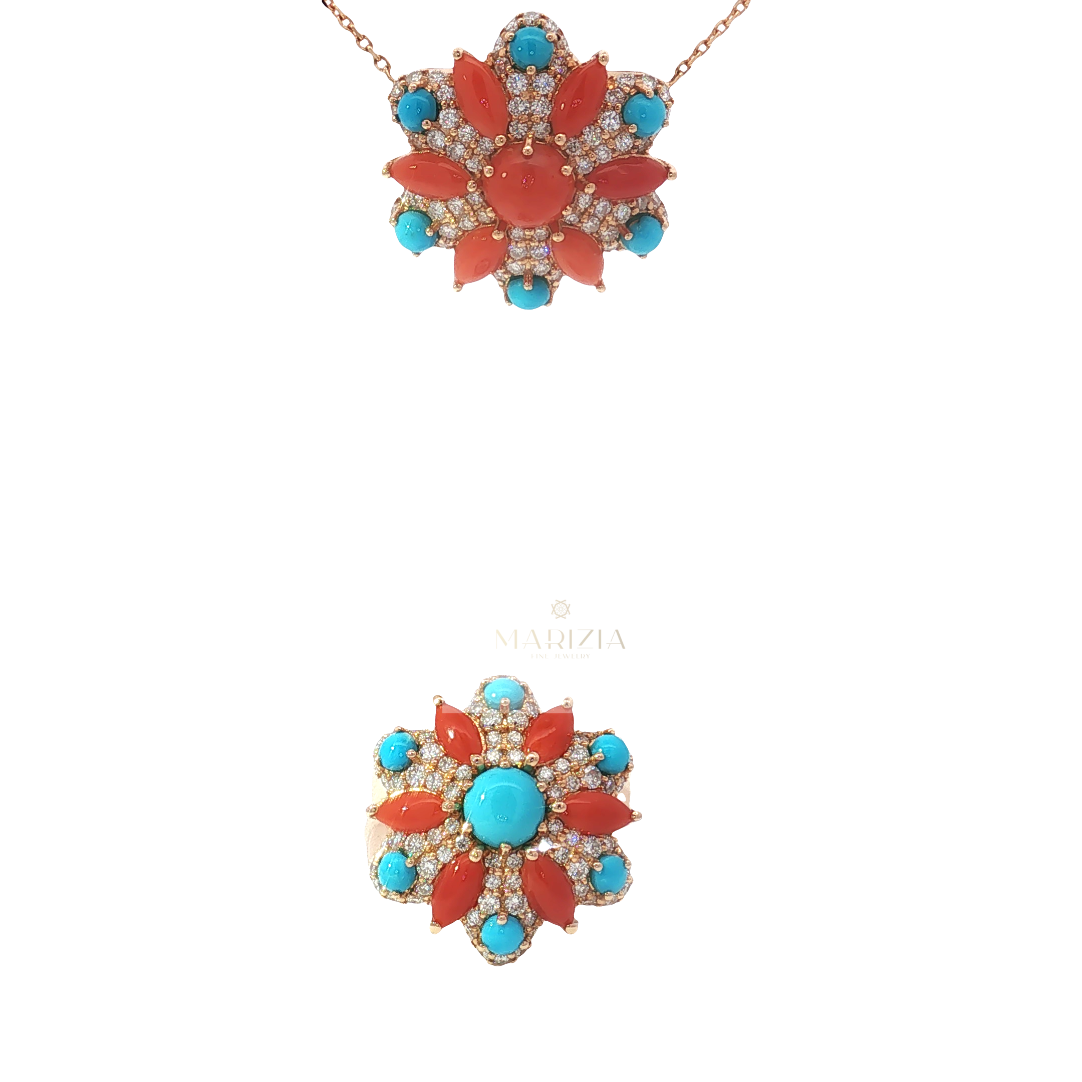 Floral Coral Starburst Charm Necklace in Rose Gold