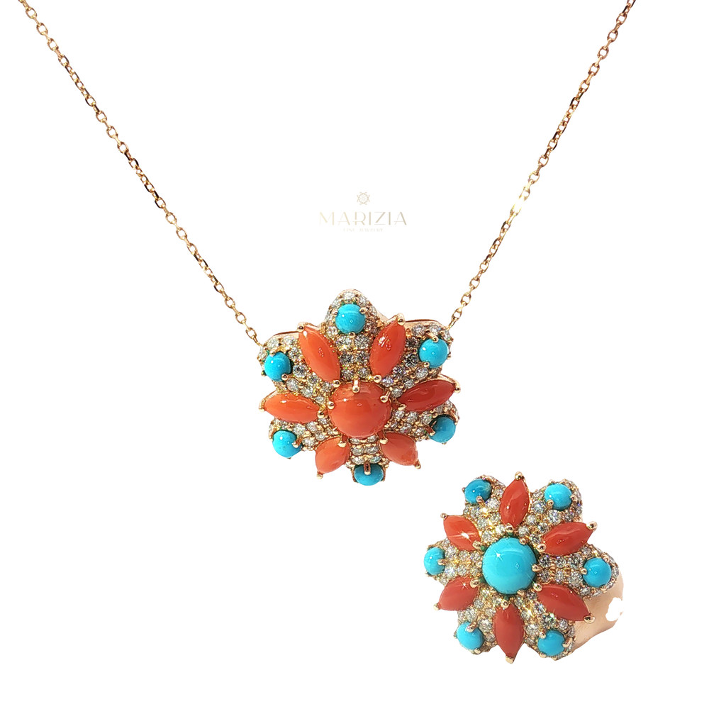 Floral Coral Starburst Charm Necklace in Rose Gold