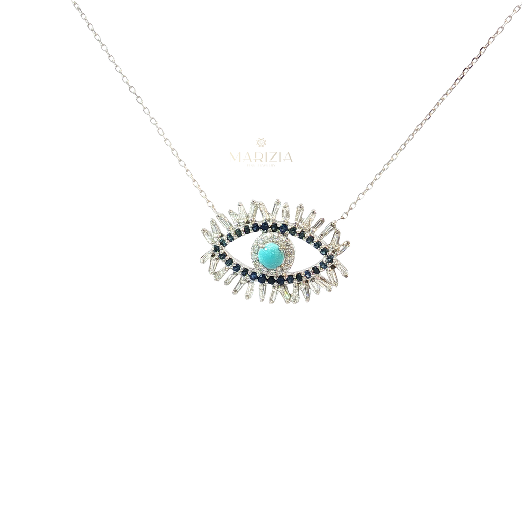 18K White Gold Turquoise Evil Eye Necklace