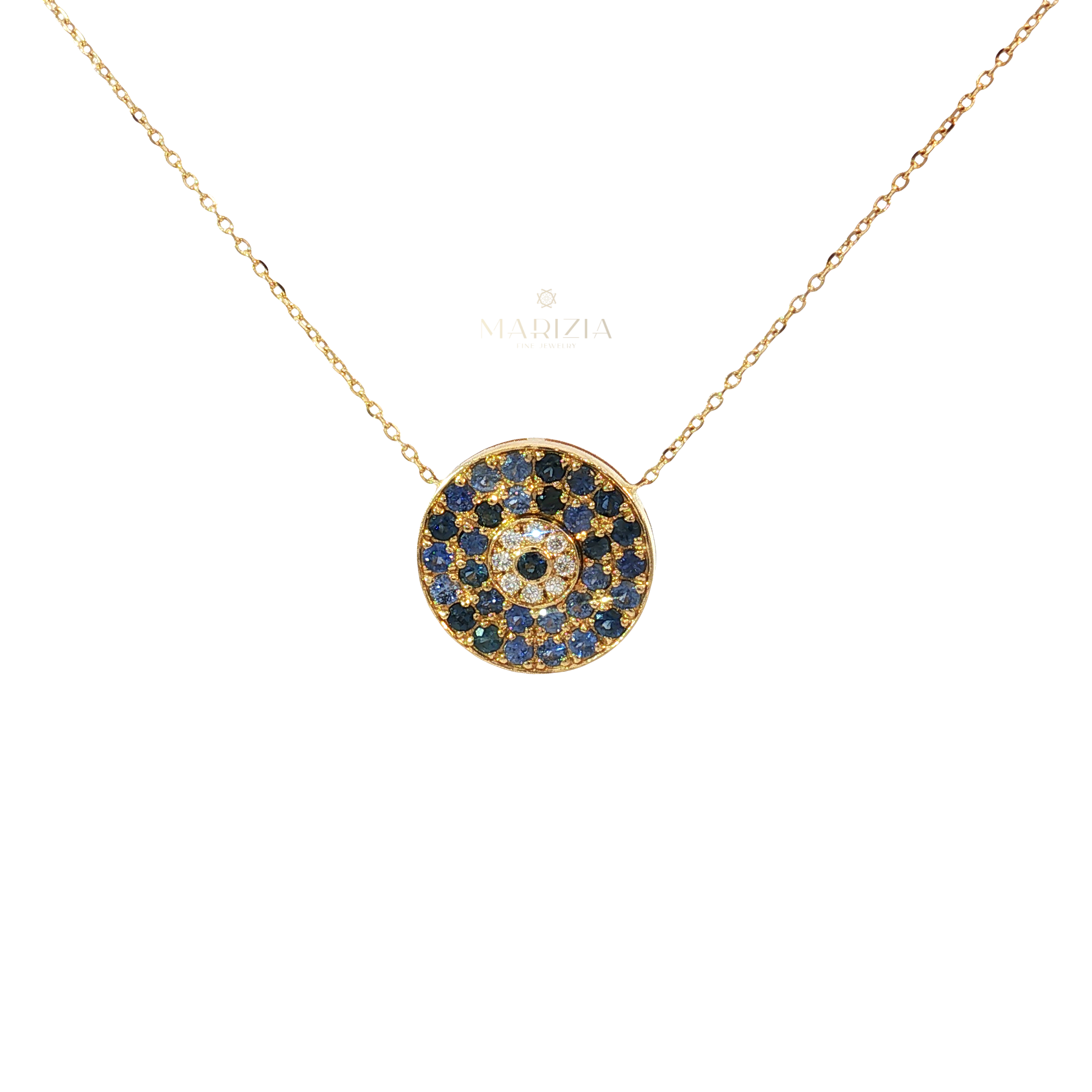 18K Yellow Gold Blue Sapphire Healing Aura Necklace