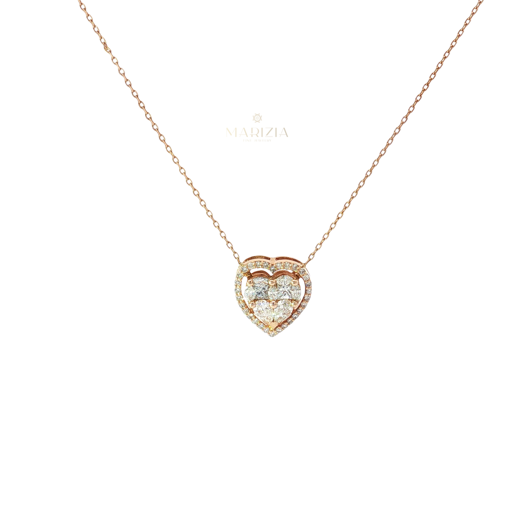 18K Rose Gold Diamond Heart Halo Pendant Necklace
