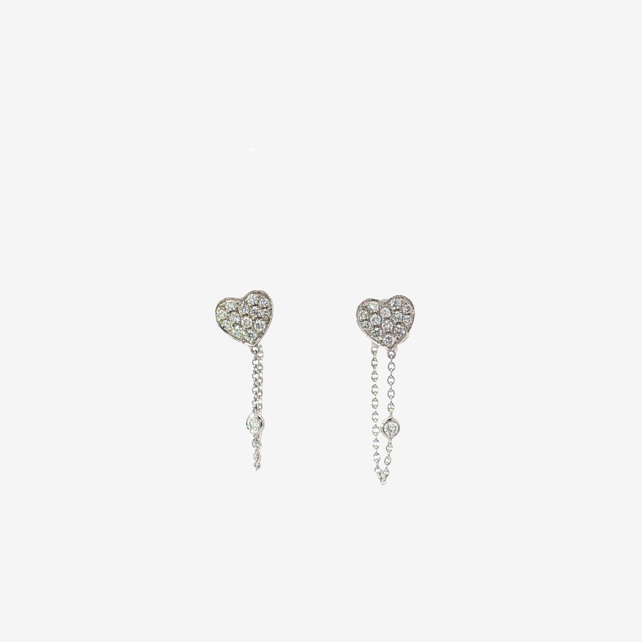 18K Diamond Pave Heart Chain Dangle Earrings in White Gold