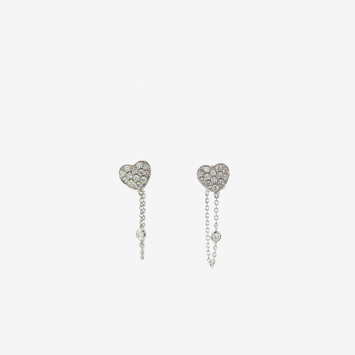 18K Diamond Pave Heart Chain Dangle Earrings in White Gold