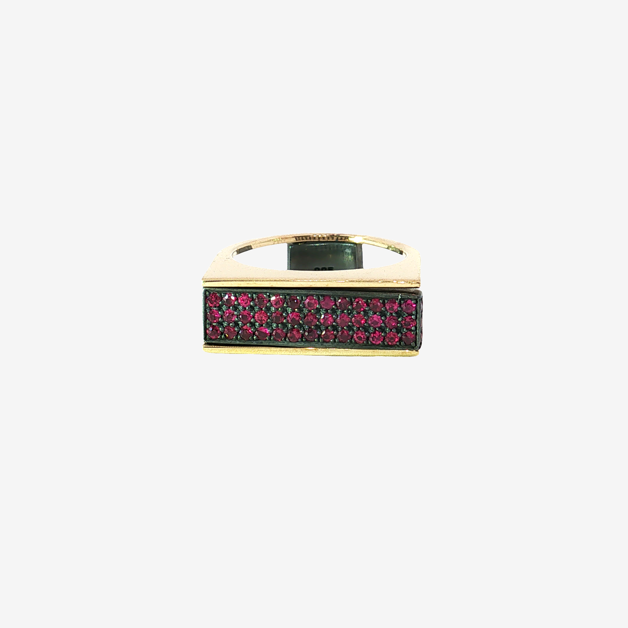 Yellow Gold Rectangular Flip Ring with Pave Diamonds and Ruby