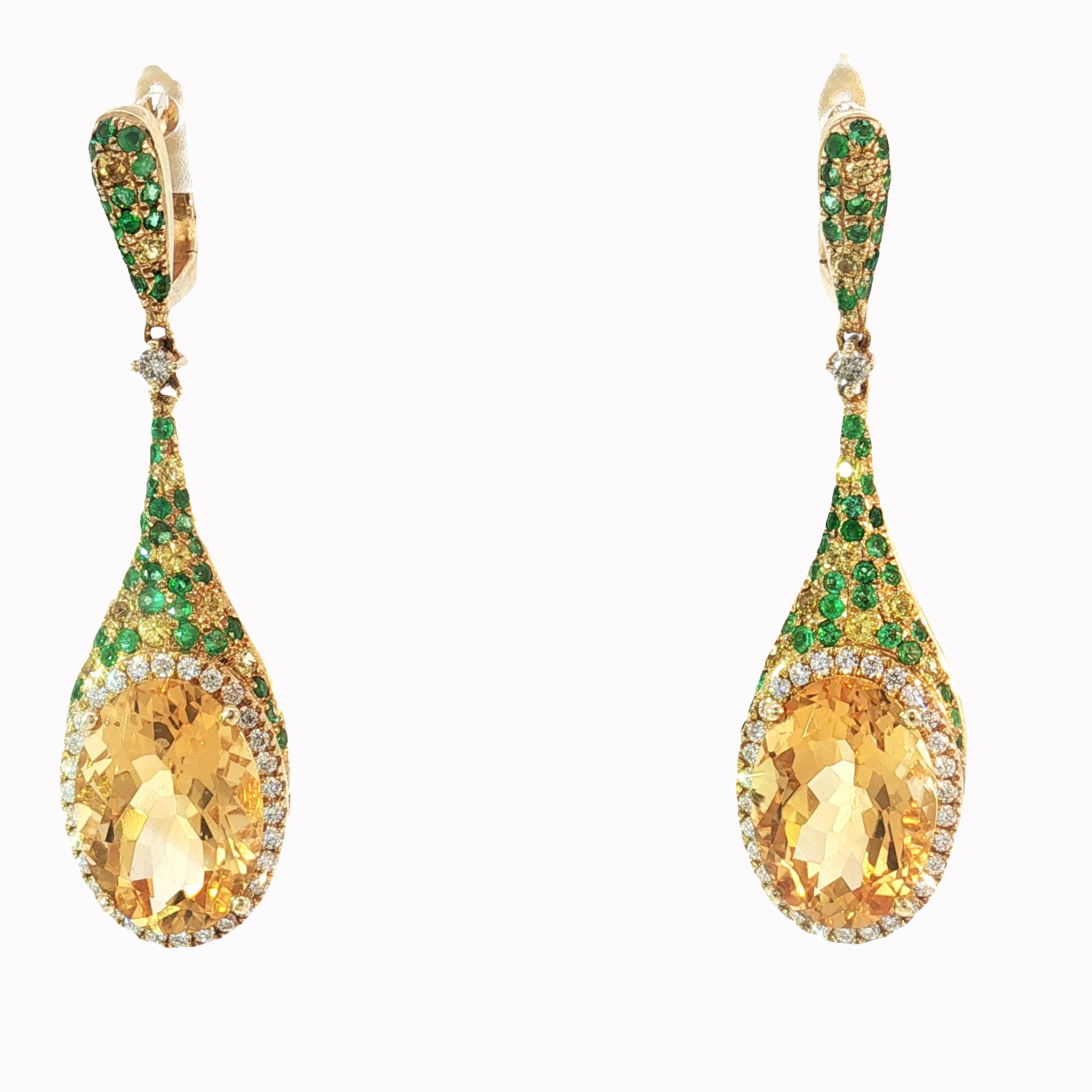 14K Oval Citrine and Emerald Pavé Diamond Drop Earrings in Yellow Gold