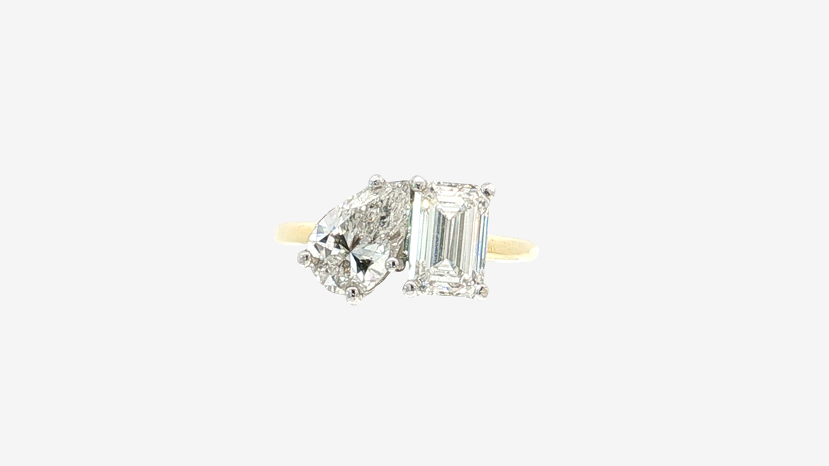 Toi Et Moi Pear and Emerald Cut Lab Diamond Ring in 14K Yellow Gold