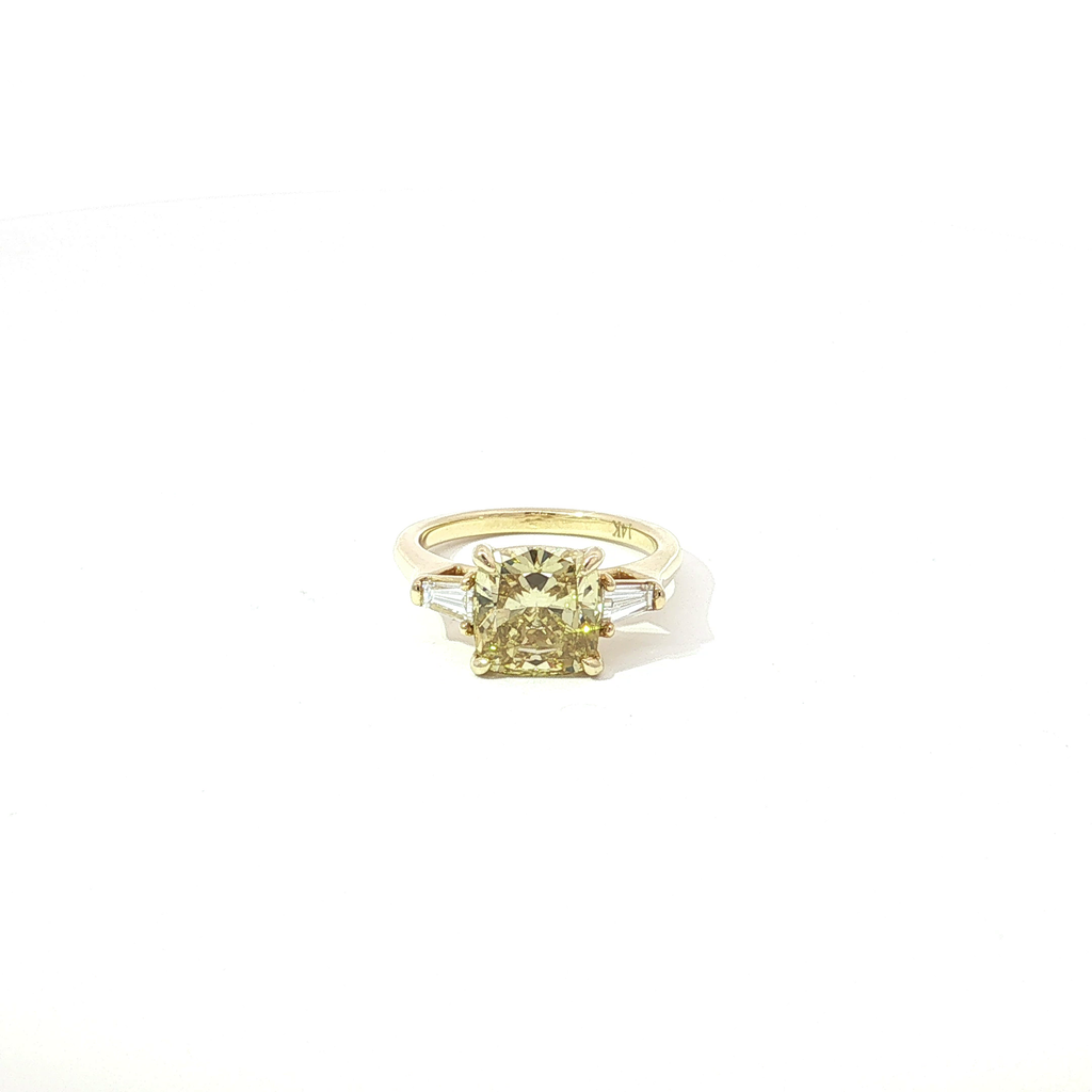 3 CT Fancy Yellow Cushion Lab Diamond Three-Stone Engagement Ring in Yellow Gold