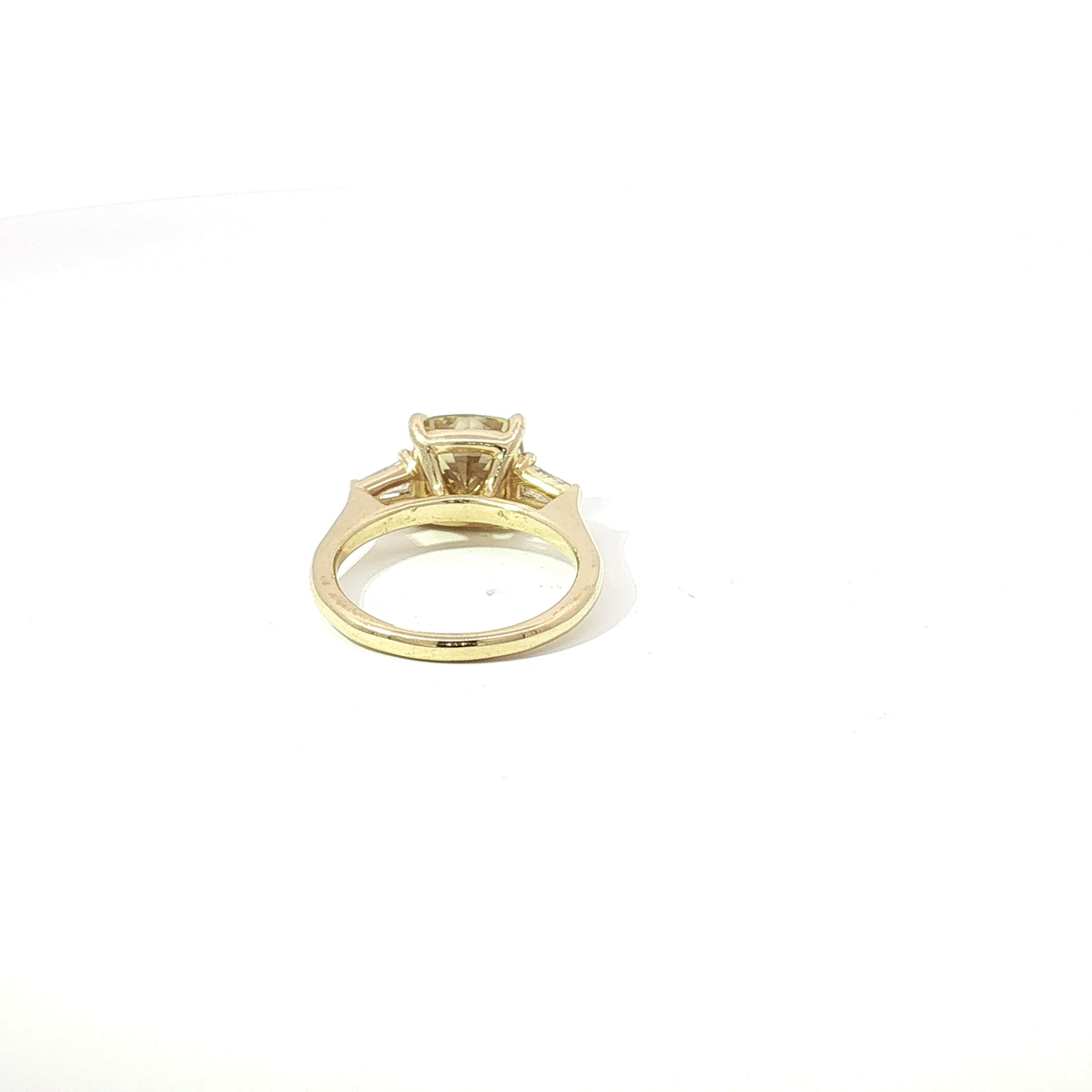 3 CT Fancy Yellow Cushion Lab Diamond Three-Stone Engagement Ring in Yellow Gold