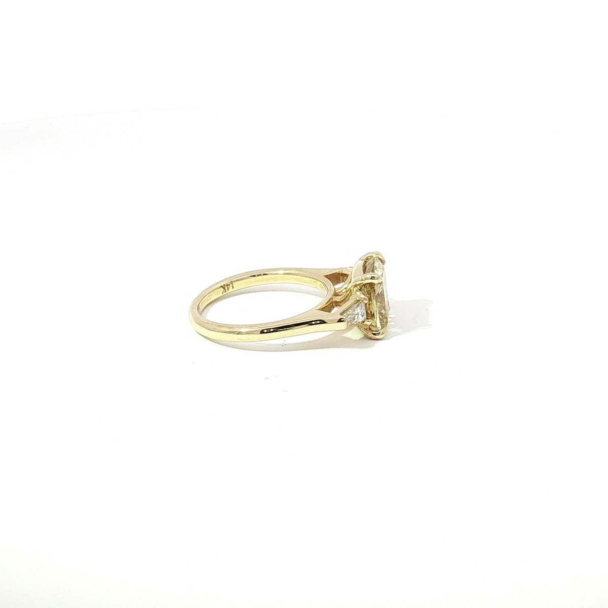 3 CT Fancy Yellow Cushion Lab Diamond Three-Stone Engagement Ring in Yellow Gold