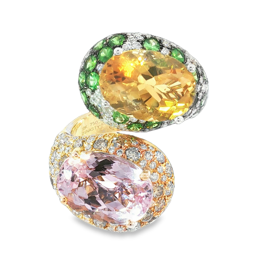 18K Yellow Gold Bypass Oval Kunzite and Citrine Cocktail Ring with Pave Garnet and Diamond Accents
