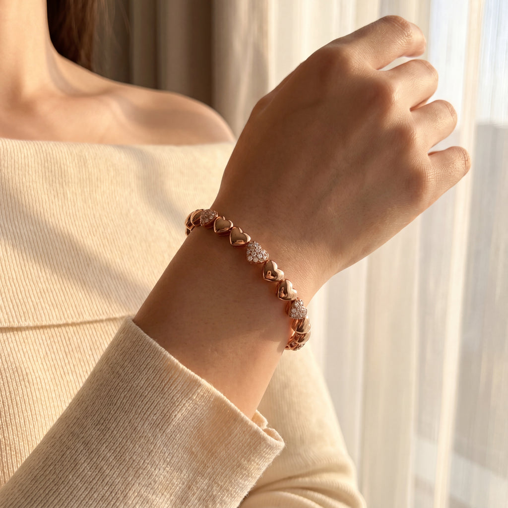 Diamond and 18K Rose Gold Heart Motif Open Bangle