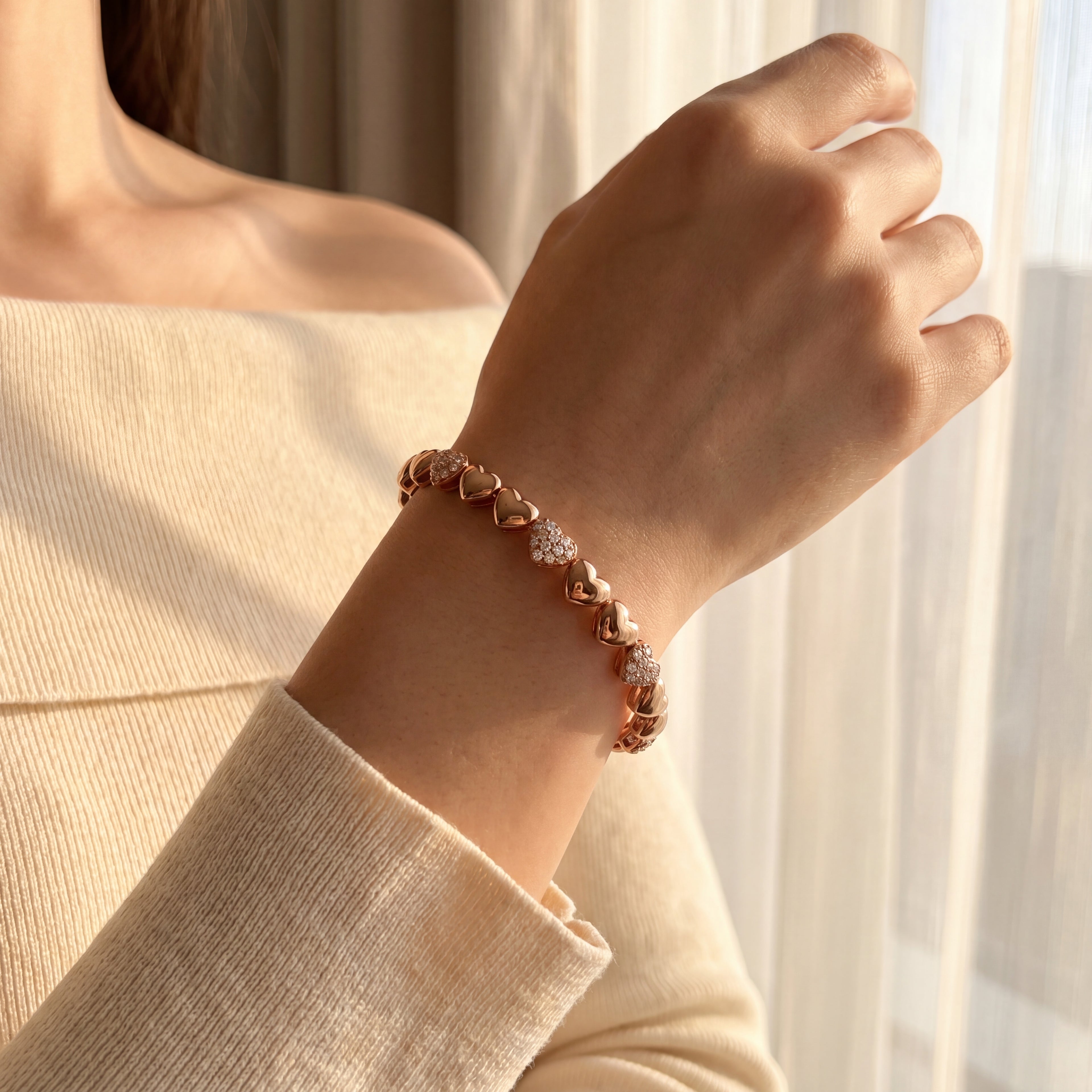 Diamond and 18K Rose Gold Heart Motif Open Bangle
