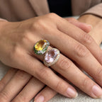 18K Yellow Gold Bypass Oval Kunzite and Citrine Cocktail Ring with Pave Garnet and Diamond Accents