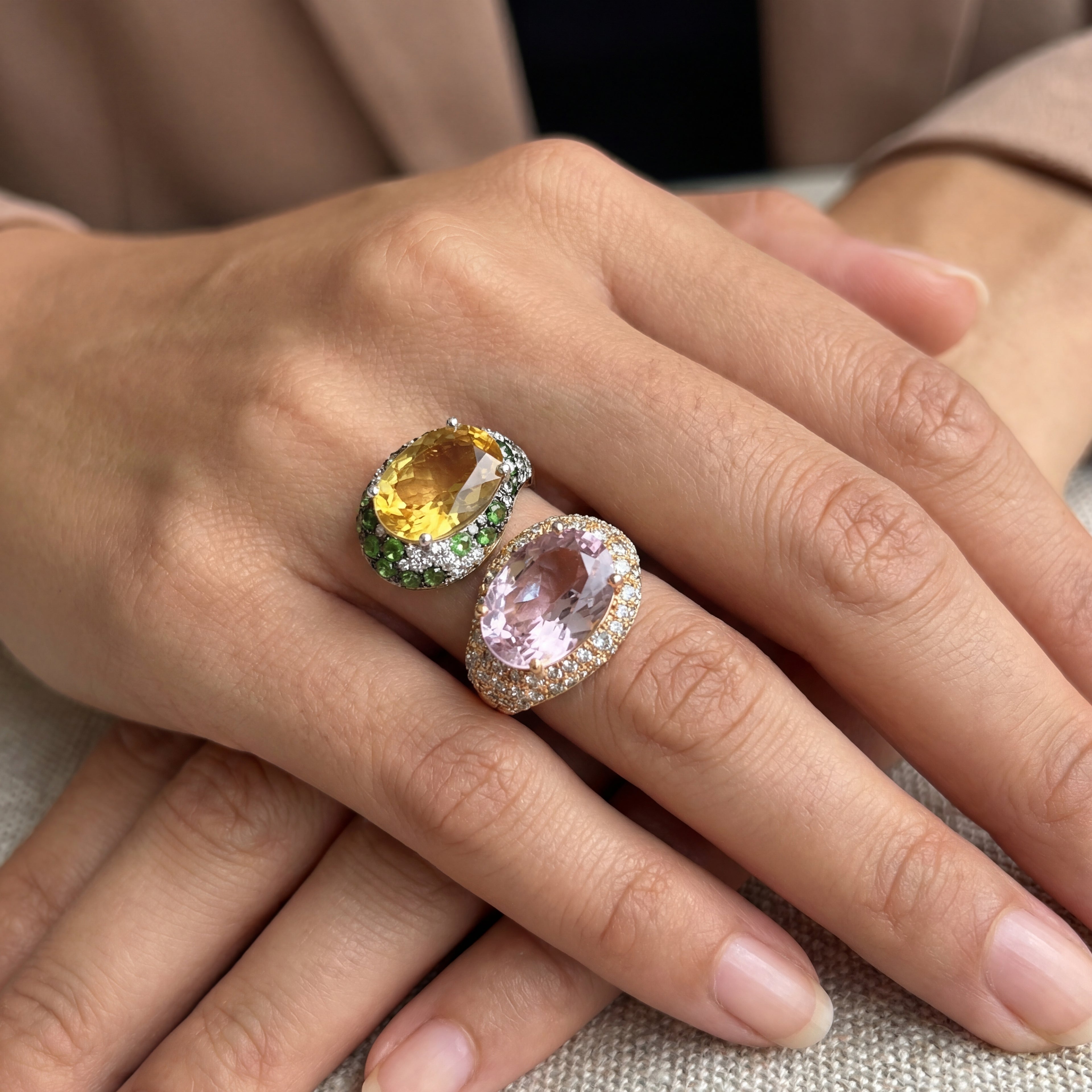 18K Yellow Gold Bypass Oval Kunzite and Citrine Cocktail Ring with Pave Garnet and Diamond Accents