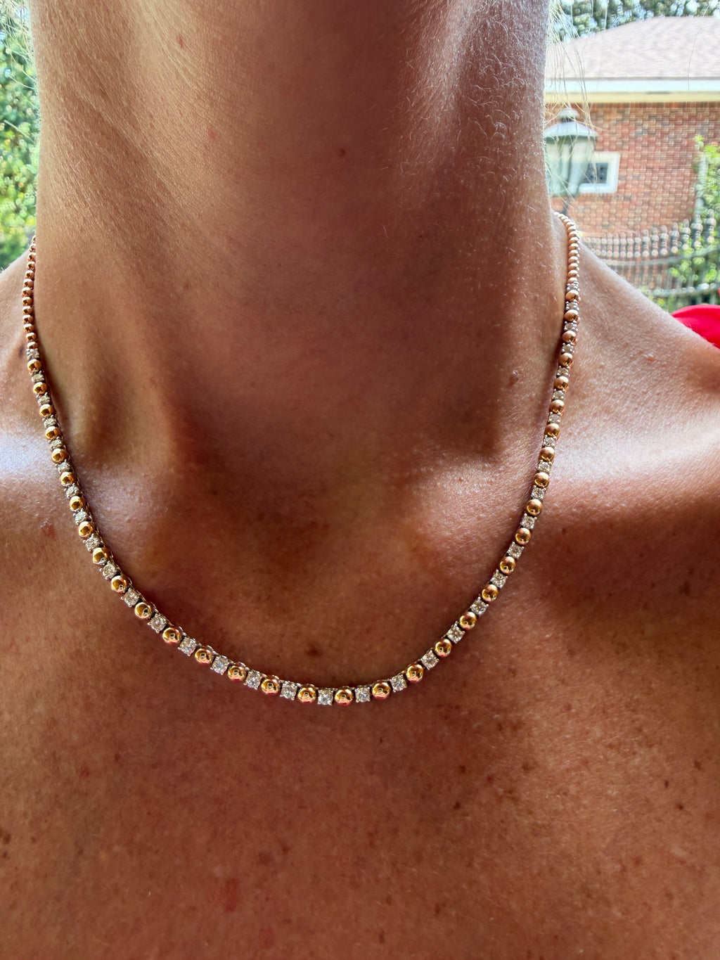 Alternating Diamond and 18K Rose Gold Bead Tennis Necklace