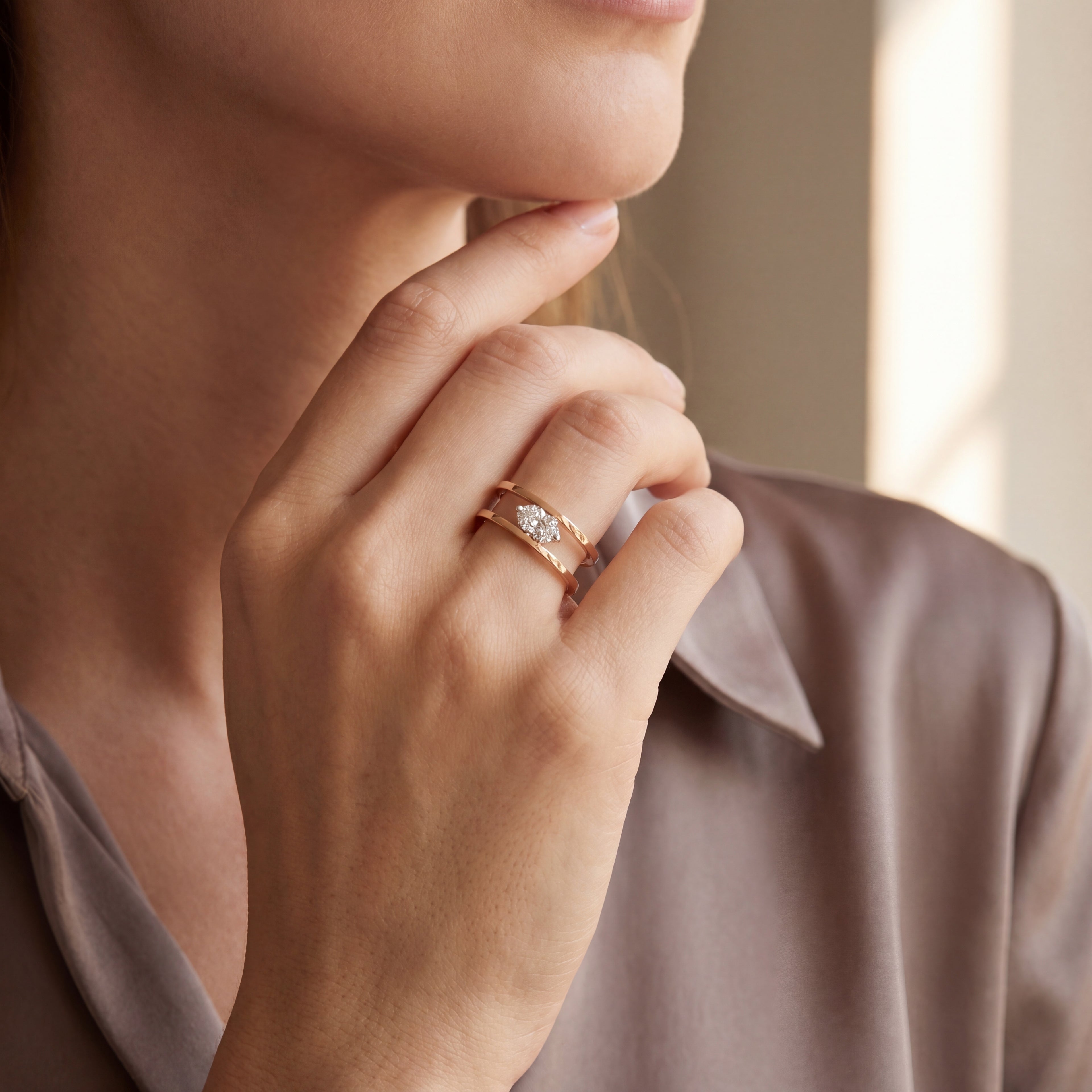 Open Band Diamond Ring in 18K Brushed Rose Gold