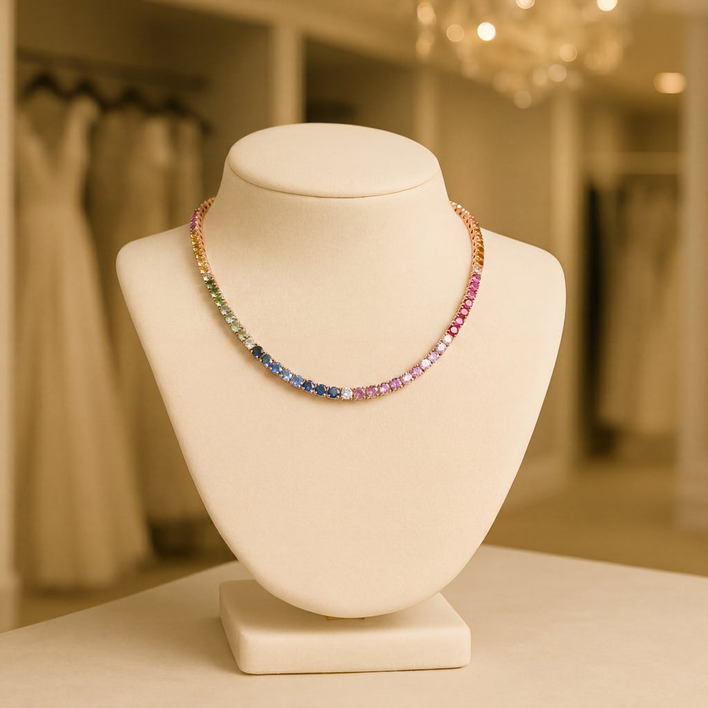 18K Rose Gold Diamond and Rainbow Sapphire Gold Necklace