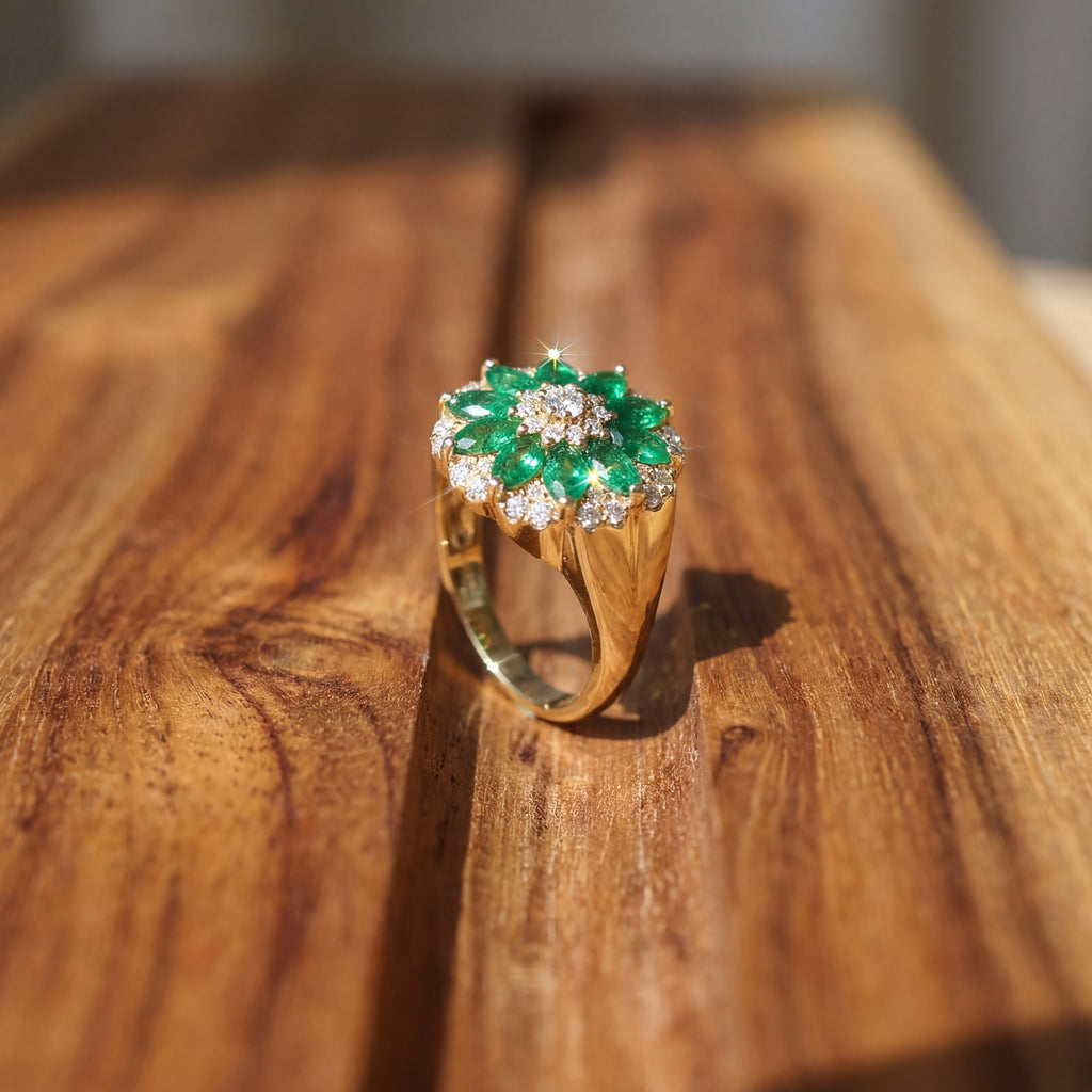 Emerald and Diamond Flower Ring
