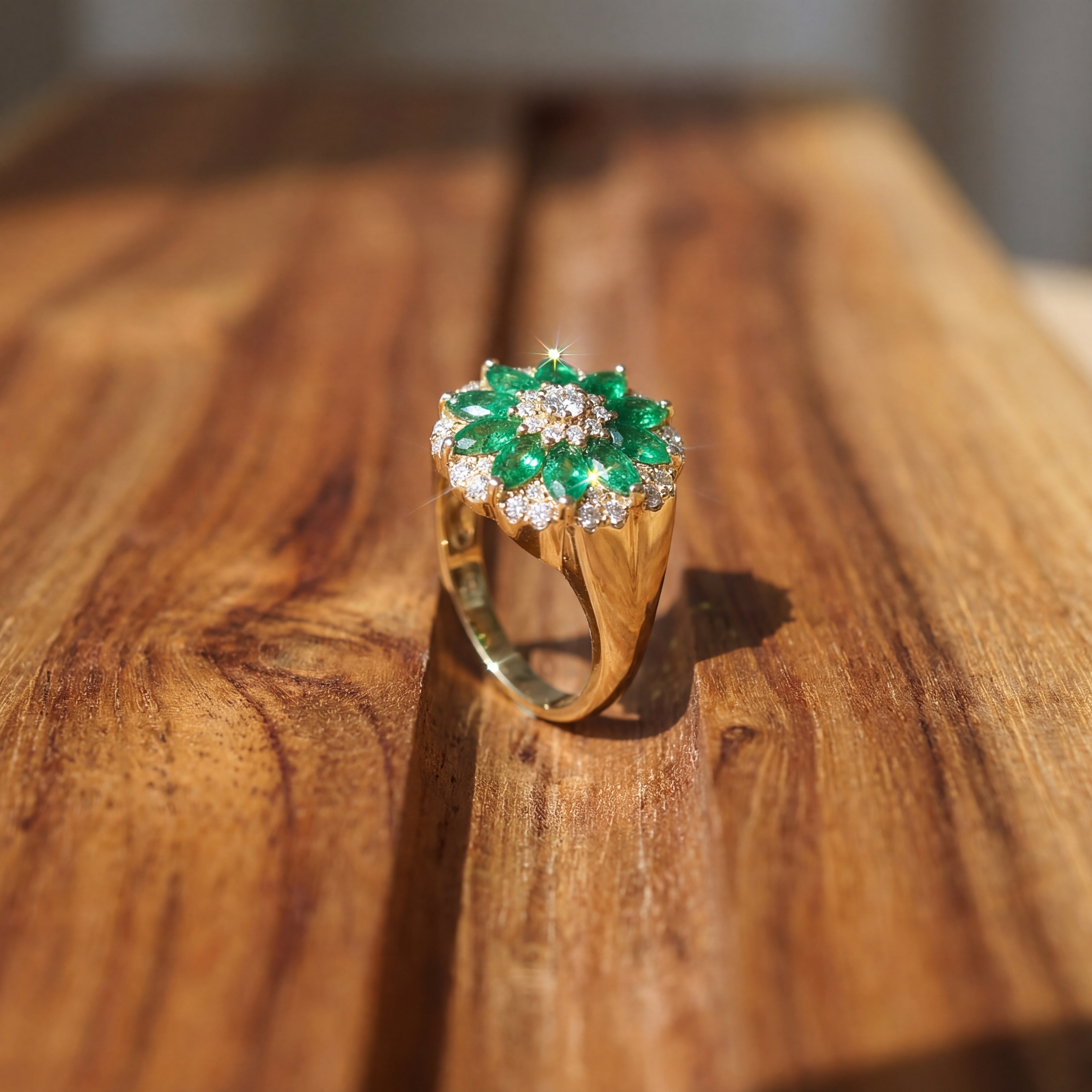 Emerald and Diamond Flower Ring