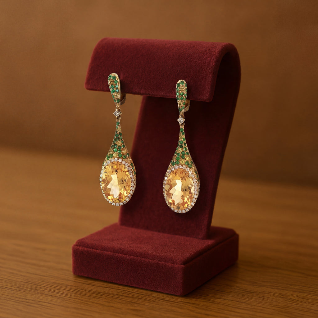 14K Oval Citrine and Emerald Pavé Diamond Drop Earrings in Yellow Gold