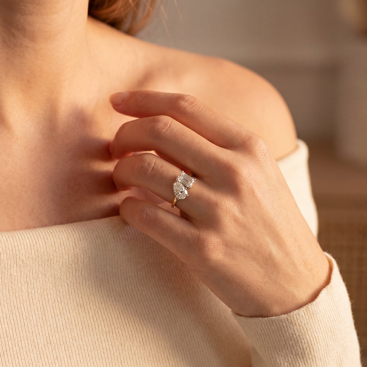 Toi Et Moi Pear and Emerald Cut Lab Diamond Ring in 14K Yellow Gold