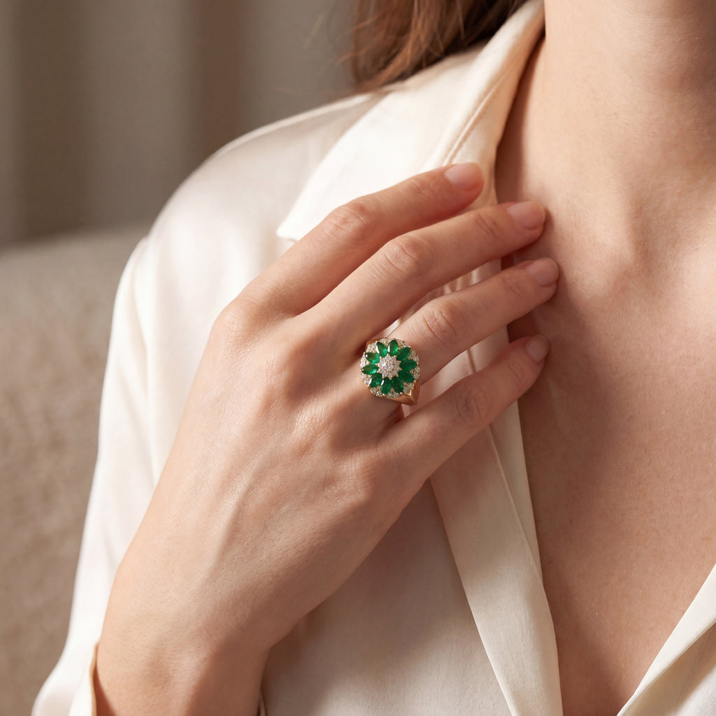 Emerald and Diamond Flower Ring