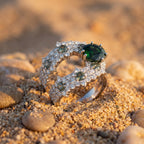 Scalloped Round Emerald and Diamond Bypass Cocktail Ring in White Gold