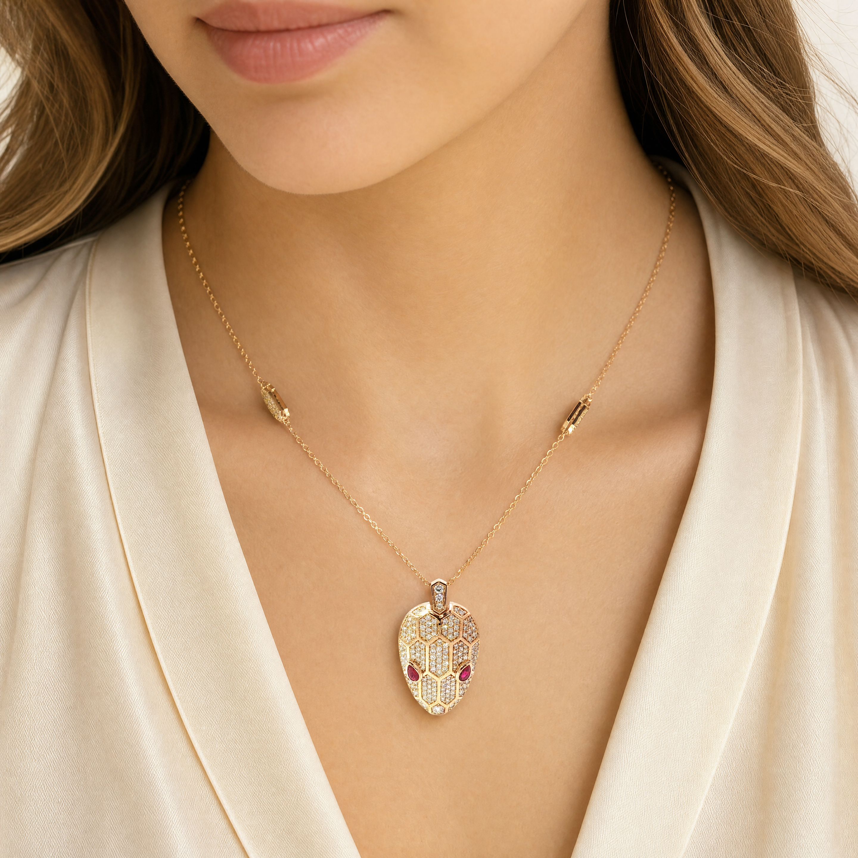 18K Rose Gold Snake Head Charm Necklace with Ruby Eyes