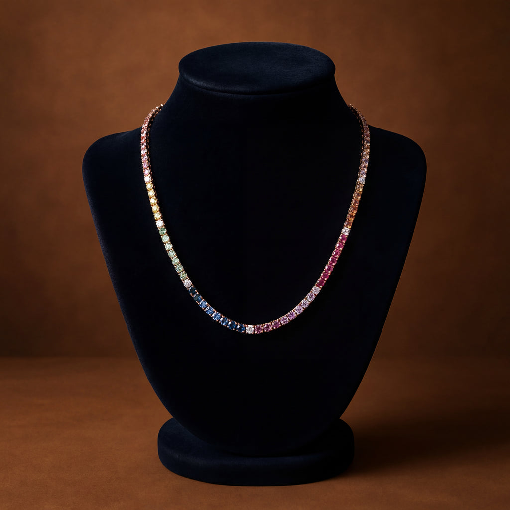 18K Rose Gold Diamond and Rainbow Sapphire Gold Necklace