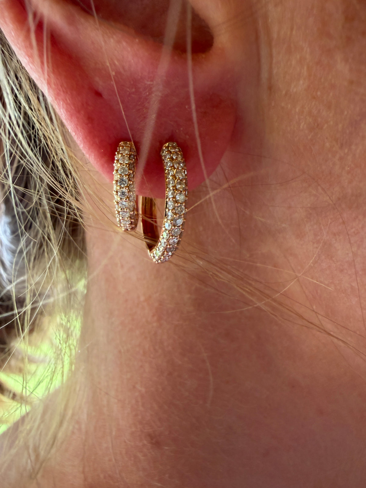 18K Rose Gold Triple-Row Diamond Yellow Gold Hoop Earrings