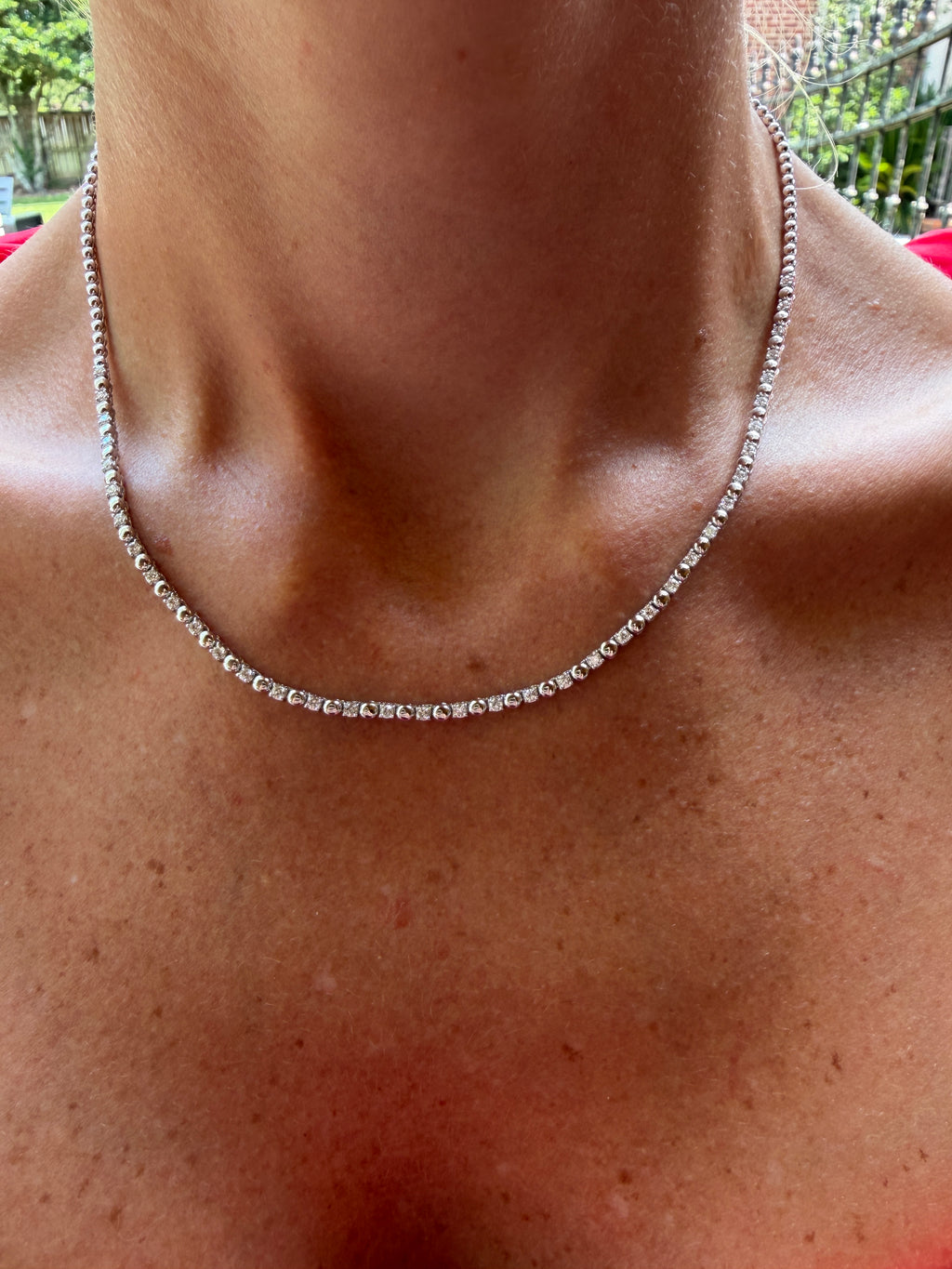 Alternating Diamond and Bead Necklace in White Gold