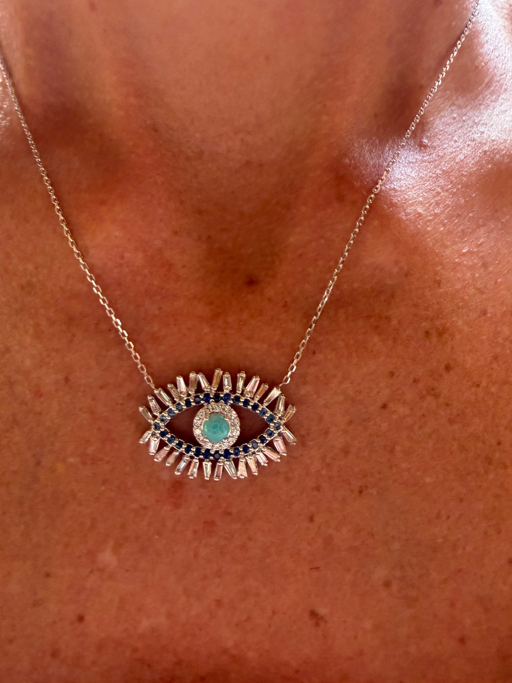 18K White Gold Turquoise Evil Eye Necklace
