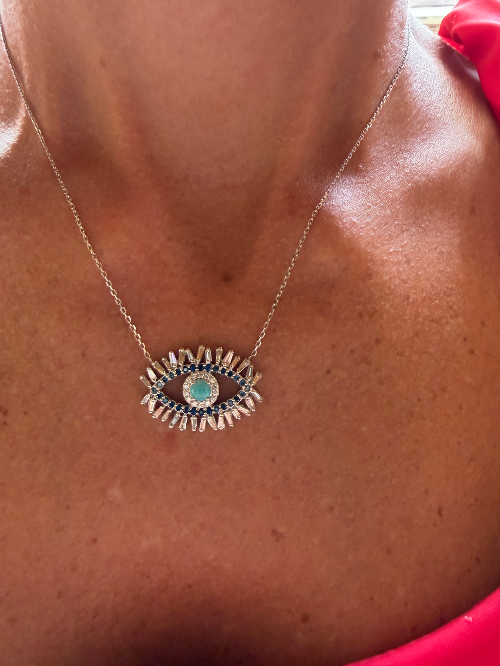 18K White Gold Turquoise Evil Eye Necklace