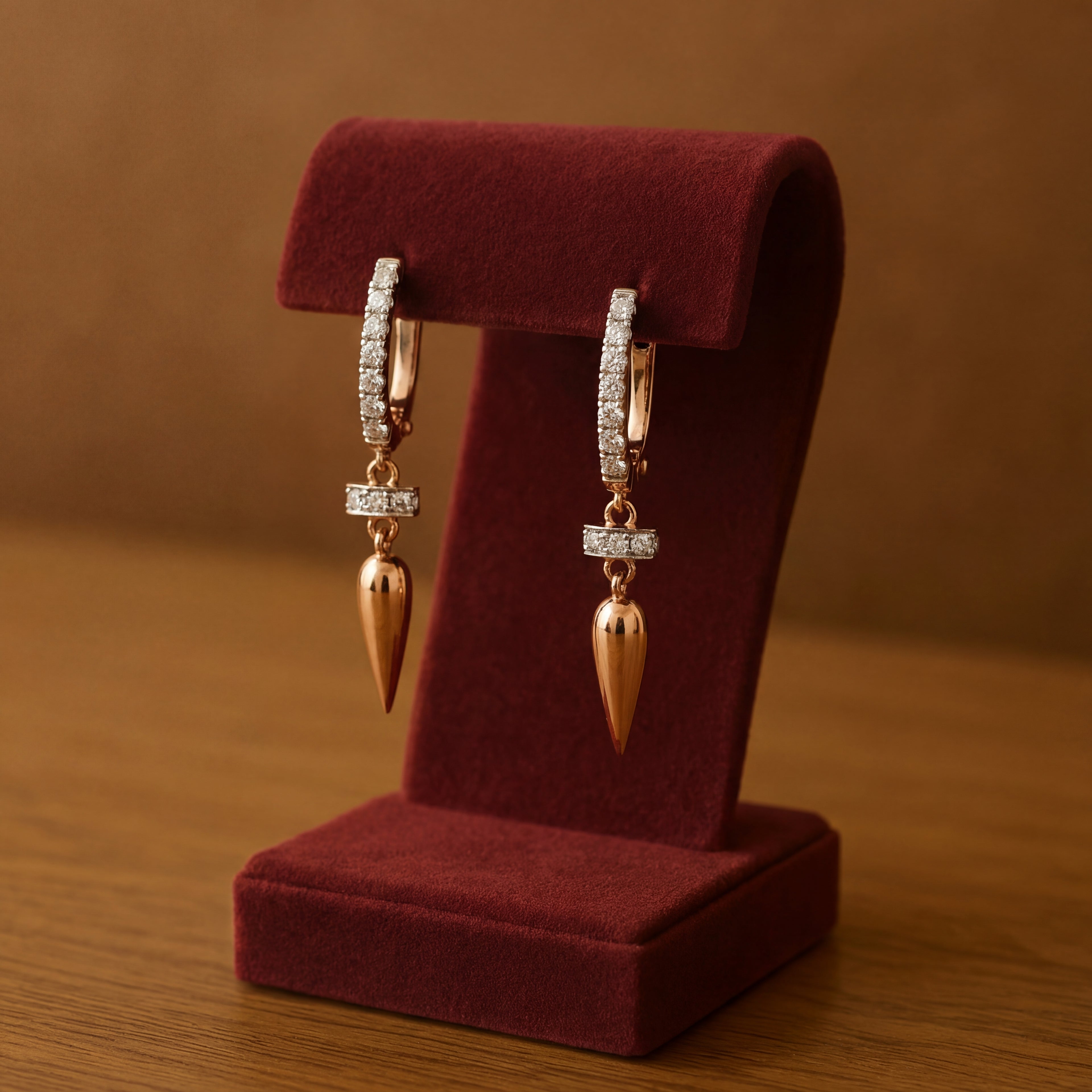 Diamond 18k Rose Gold Drop Earrings with Pointed Pendants