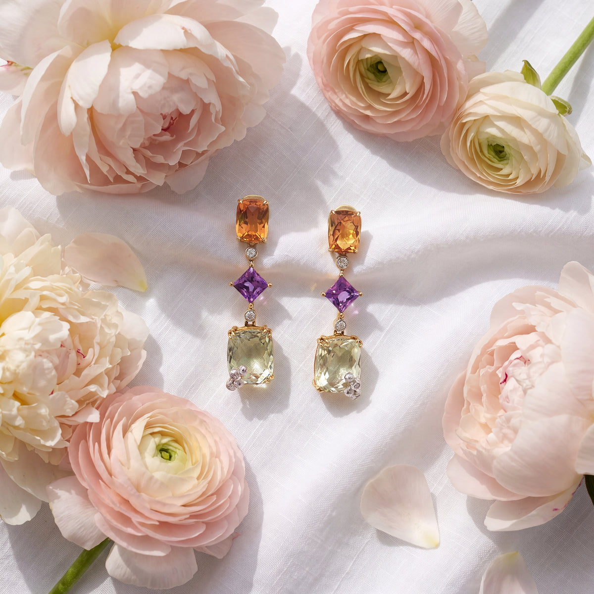 18K Yellow Gold Multi-Gemstone and Diamonds Drop Earrings