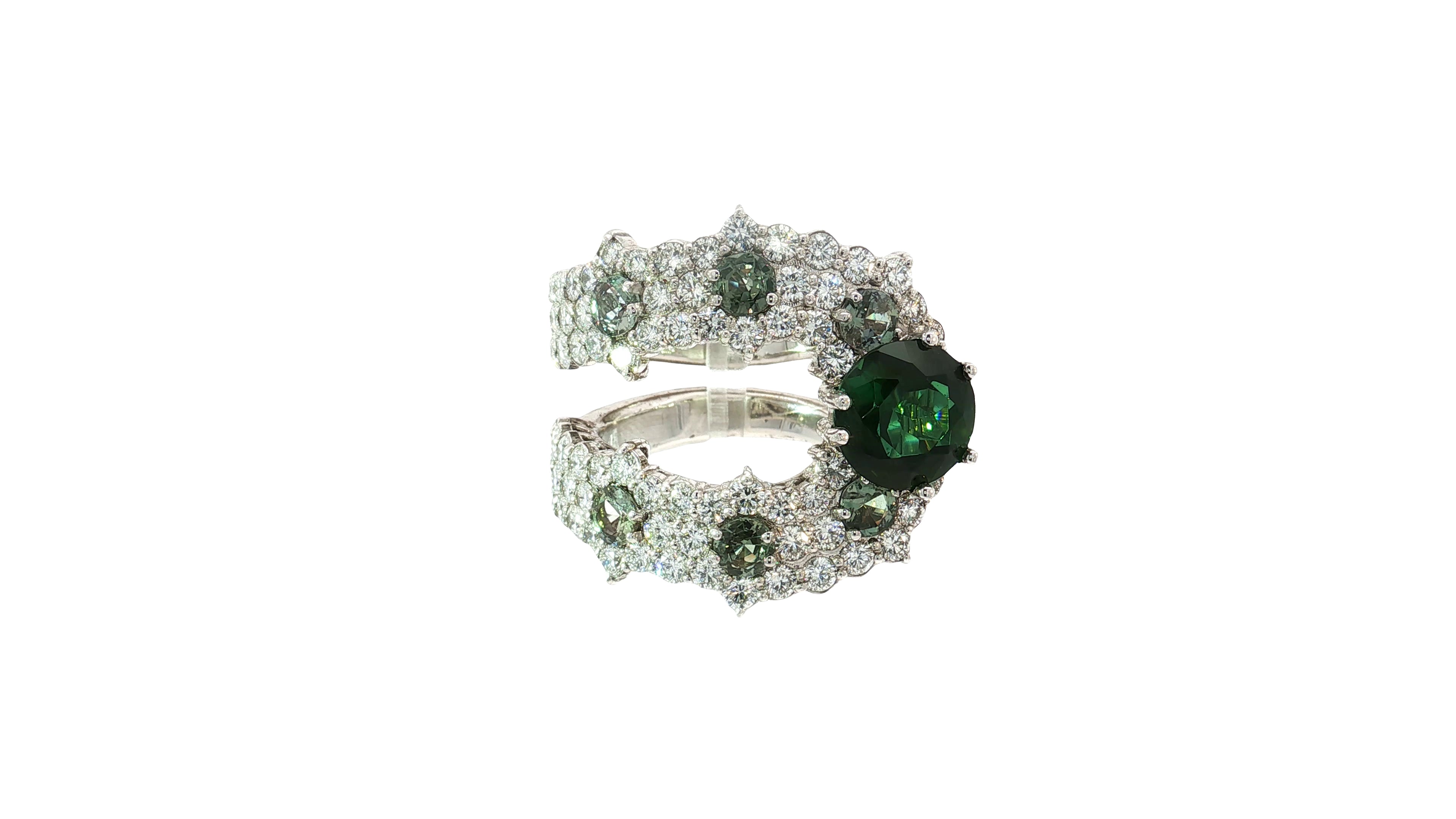 Scalloped Round Emerald and Diamond Bypass Cocktail Ring in White Gold
