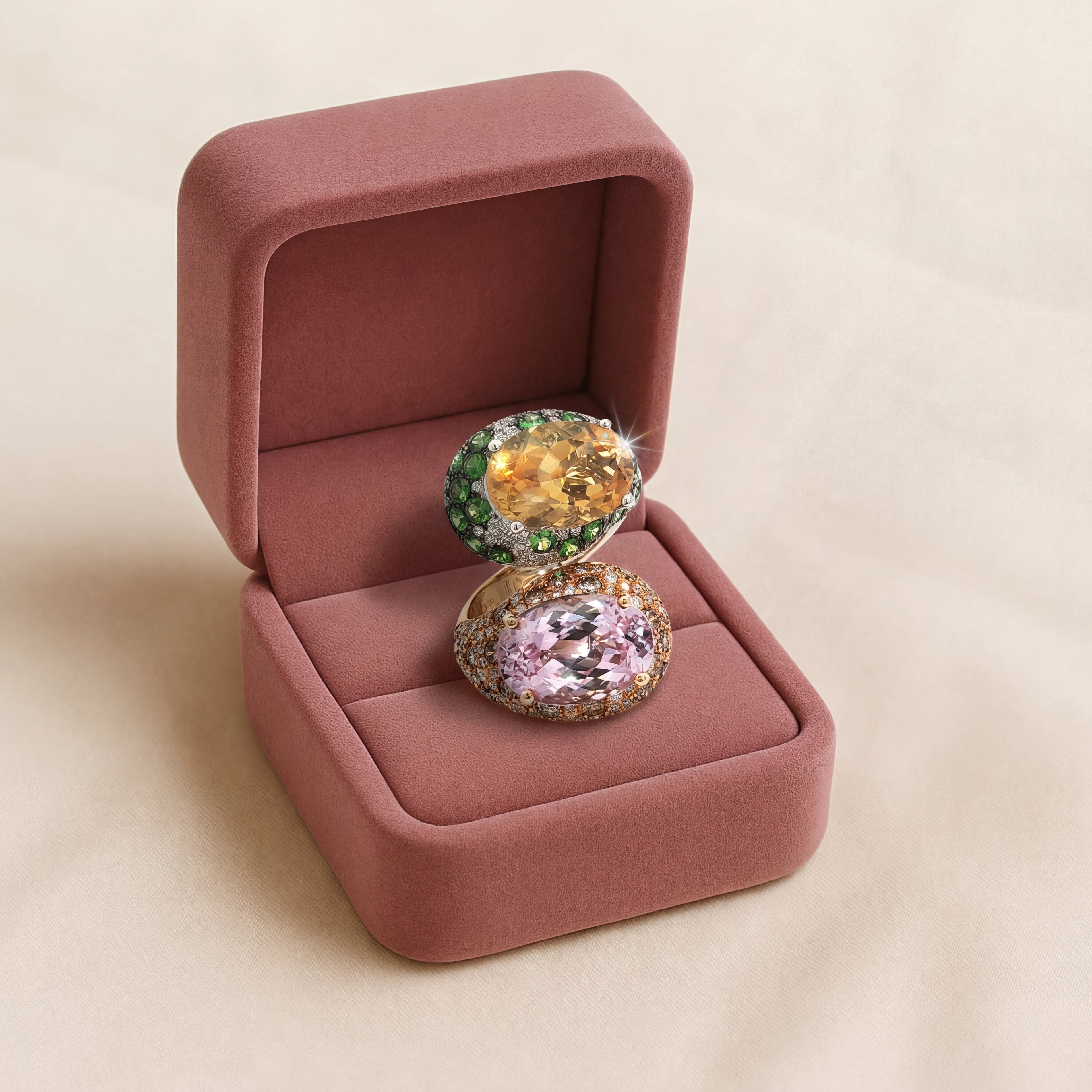 18K Yellow Gold Bypass Oval Kunzite and Citrine Cocktail Ring with Pave Garnet and Diamond Accents