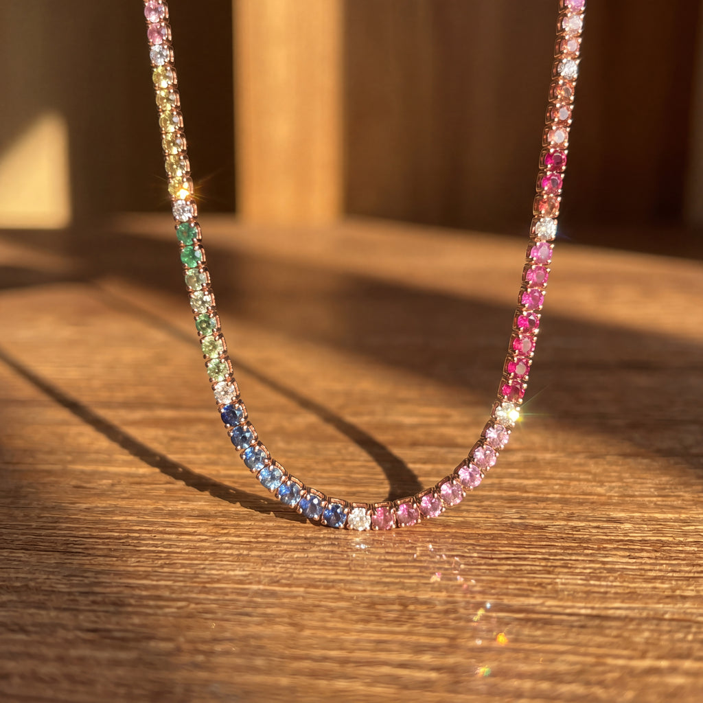 18K Rose Gold Diamond and Rainbow Sapphire Gold Necklace