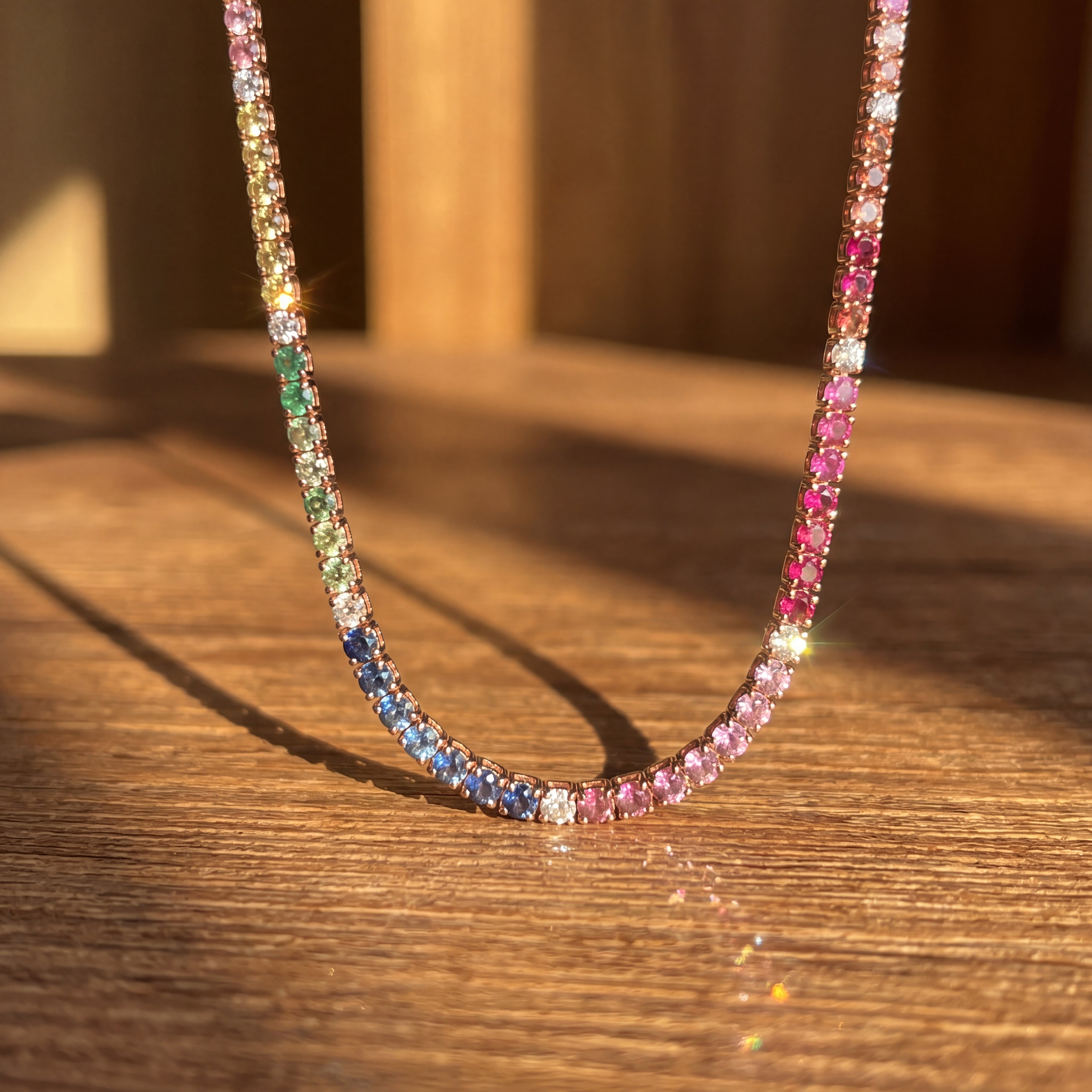 18K Rose Gold Diamond and Rainbow Sapphire Gold Necklace