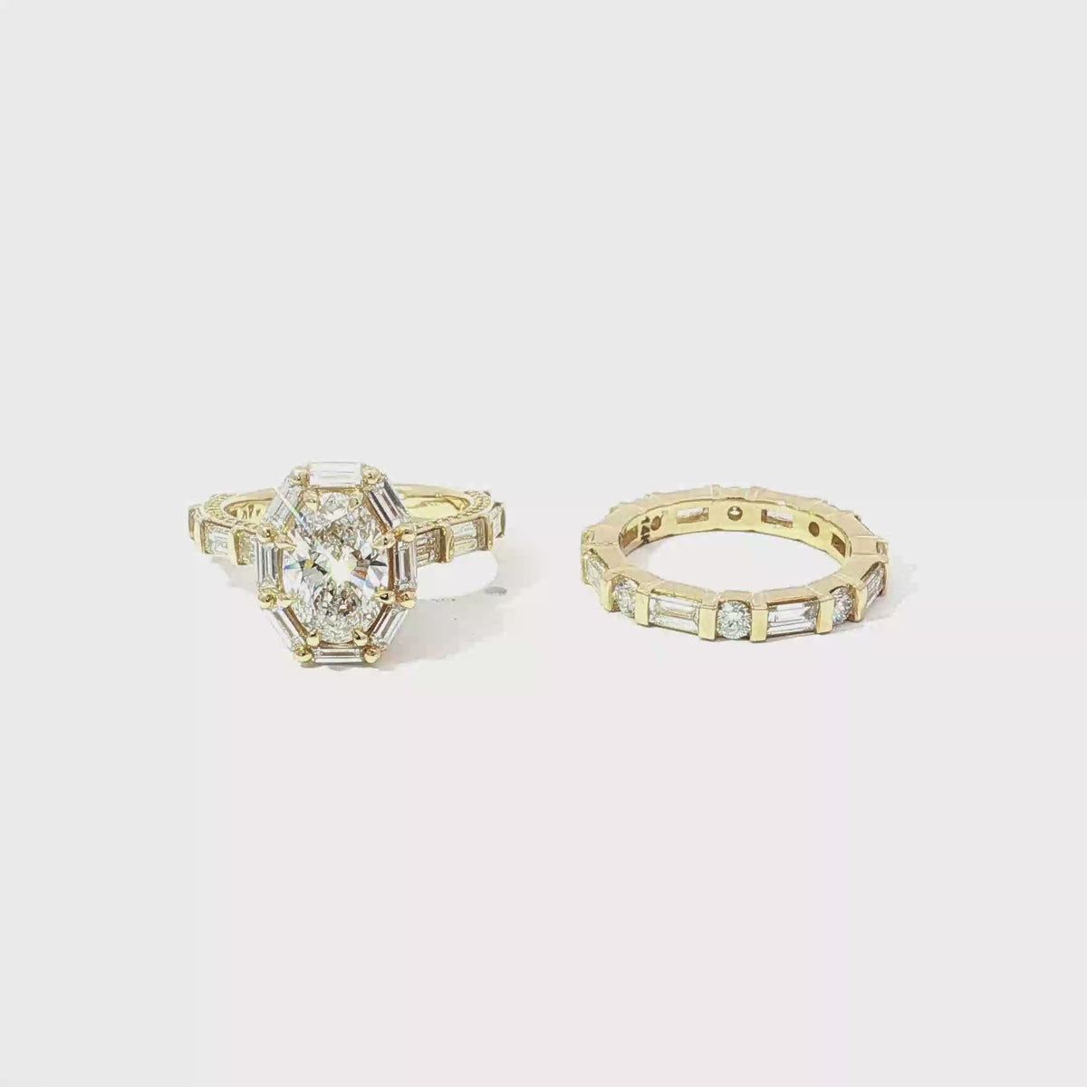Oval Brilliant and Baguette Diamond Vintage-Inspired Halo Ring in Yellow Gold
