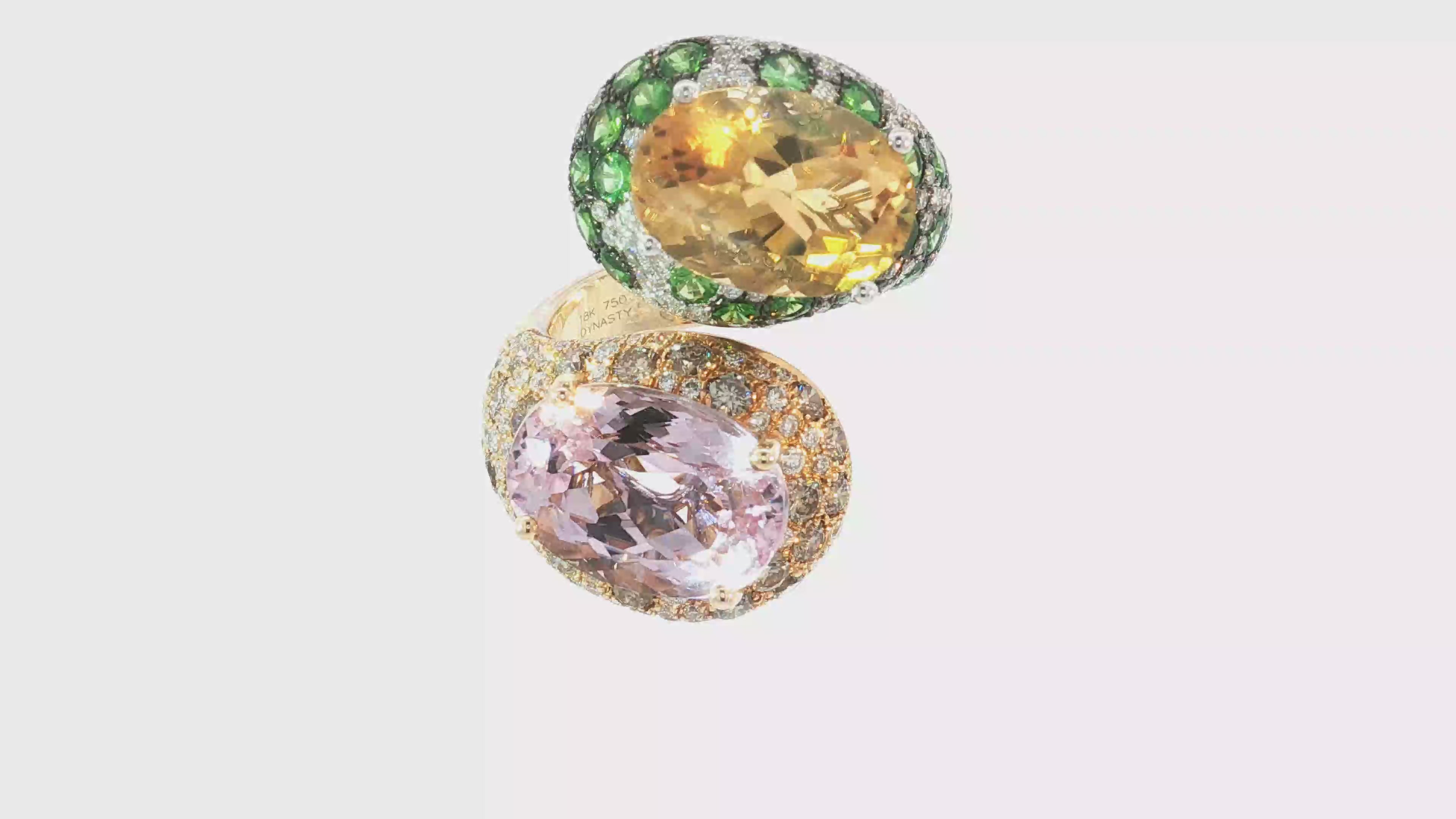 18K Yellow Gold Bypass Oval Kunzite and Citrine Cocktail Ring with Pave Garnet and Diamond Accents