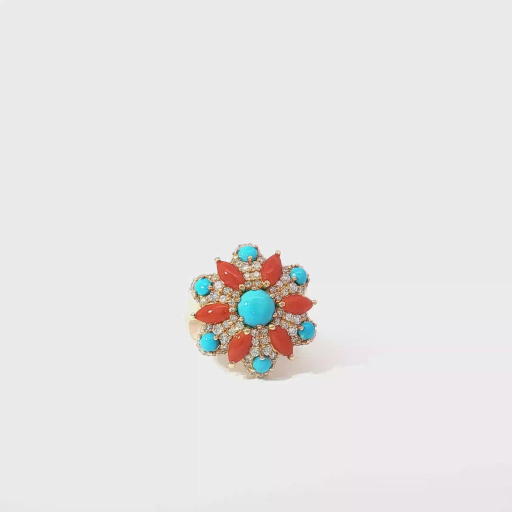Yellow Gold Floral Turquoise Cocktail Ring