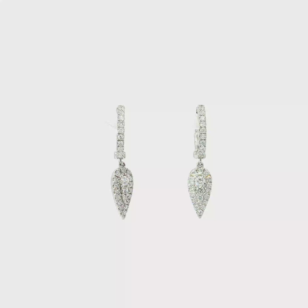 18K Diamond Teardrop Dangle Hoop Earrings in White Gold