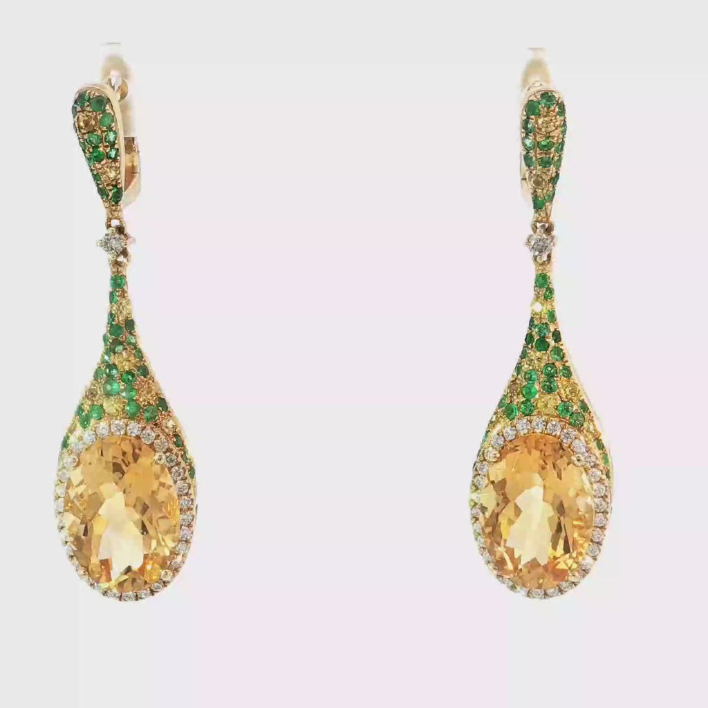 14K Oval Citrine and Emerald Pavé Diamond Drop Earrings in Yellow Gold